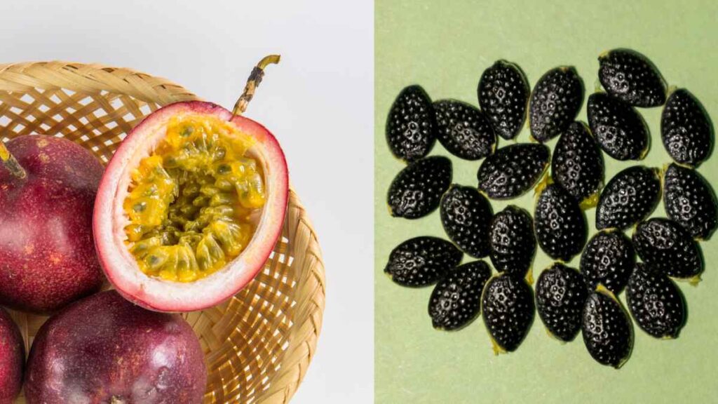 A purple passion fruit with seeds and spoon